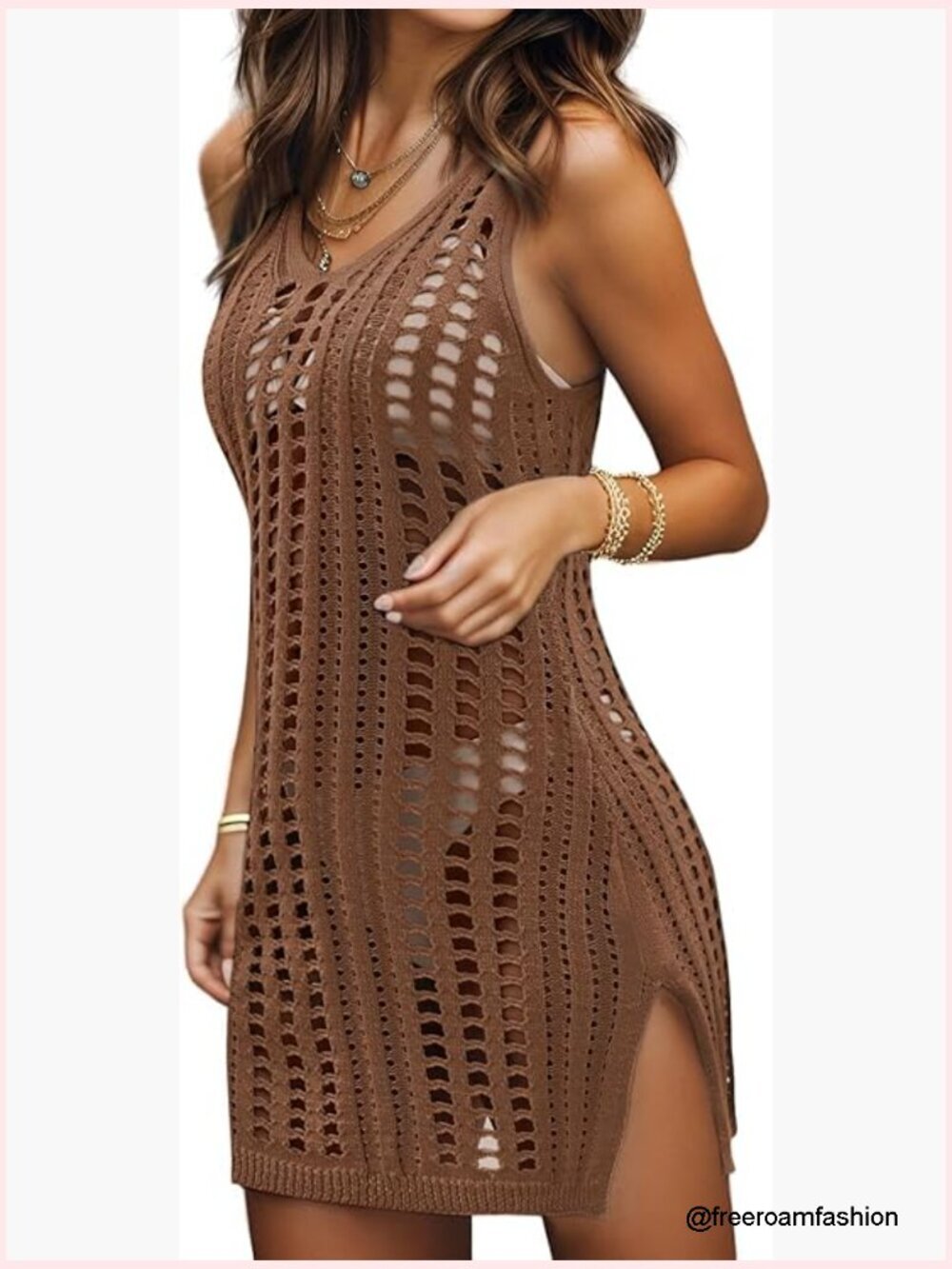 Crochet Hollow Out Slit Beach Cover Up Dress Sleeveless Loose Fit